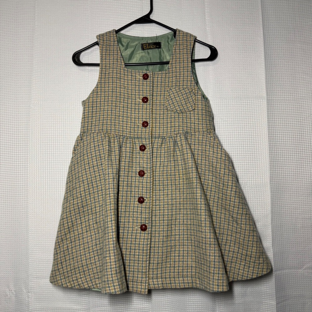E.T Boy Pinafore Dress 10 Tan Blue Checkered Button‎ Front Wool Blend